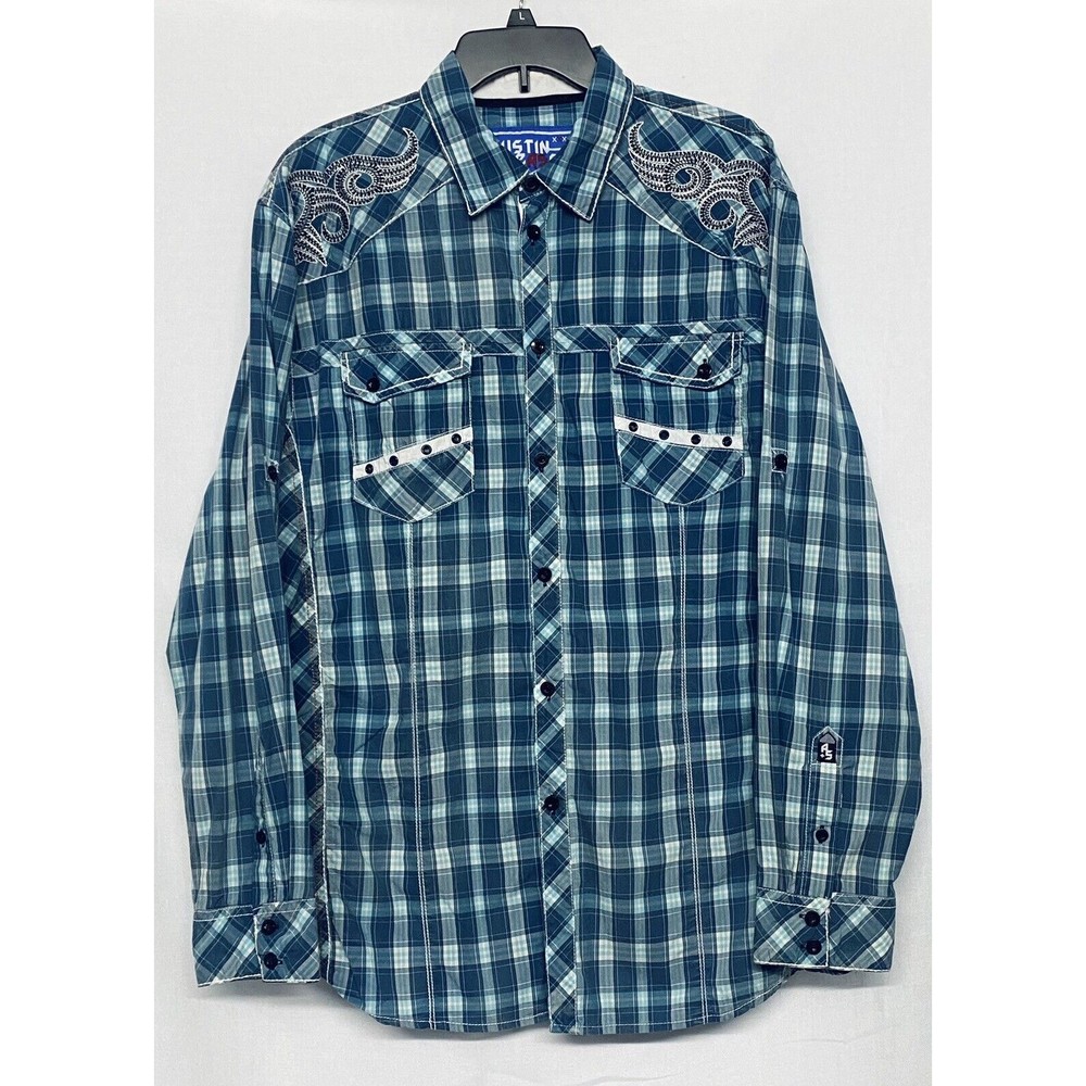 Austin Season Men's Embroidered Blue Plaid Long Sleeve Button Up Western Shirt L